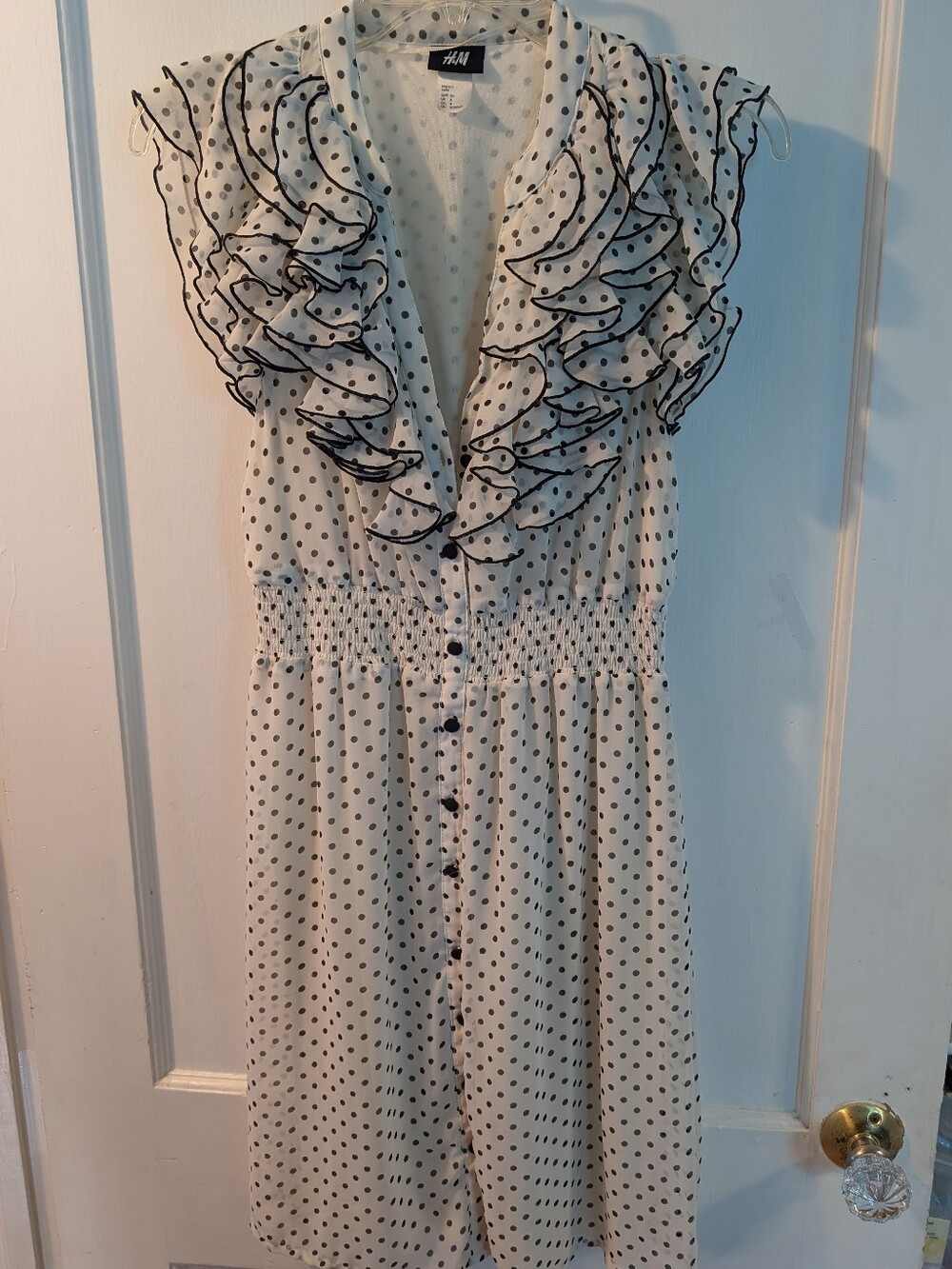 H&M Cream White Polka Dot Ruffle-Trim Midi Dress